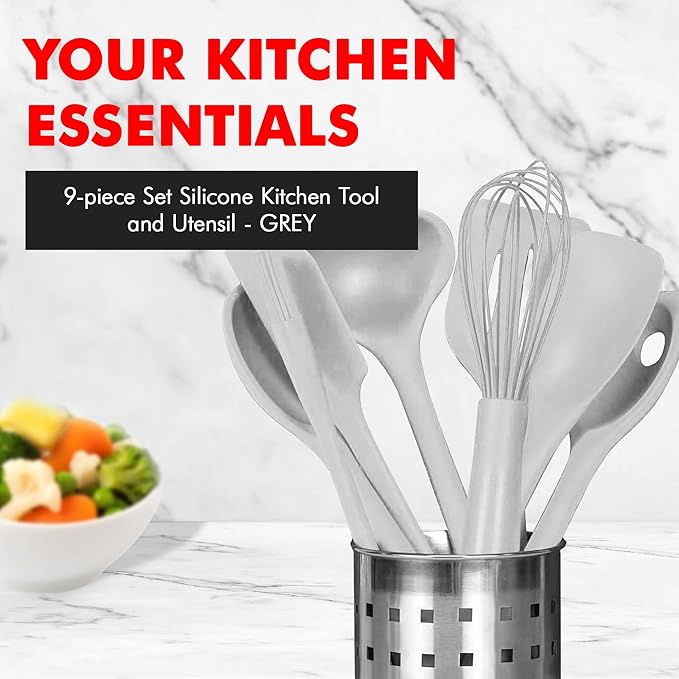 Chef Craft - Premium Silicone Kitchen Tools and Utensils Set, Non-Scratch, Withstands Temperatures up to 450°F, BPA-Free, 9 Piece Cooking Utensils Set, Gray