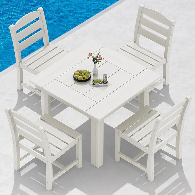 SERWALL Outdoor Dining Set for 4, HDPE Square Table and Chairs Set All Weather