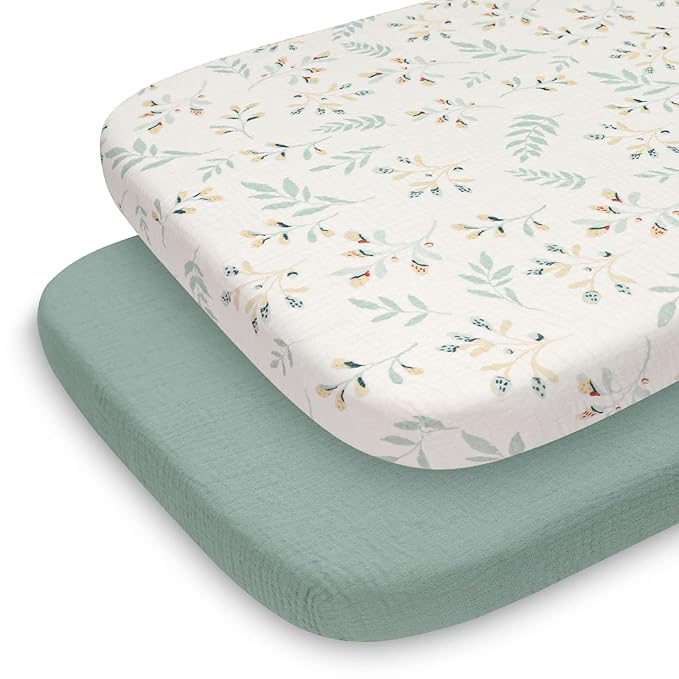 Blissful Diary Muslin Bassinet Sheets for Baby Girls Boys, Boho Soft Cotton Fitted for Oval Hourglass Rectangle Mattress, 2 Pack(Roman Green&Leaf)