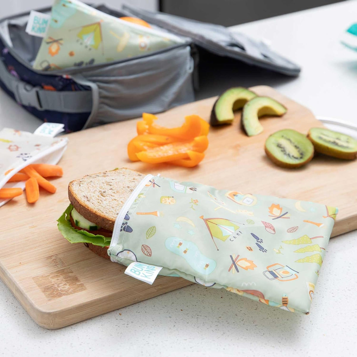 Bumkins Reusable Sandwich and Snack Bags, for Kids School Lunch and for Adults Portion, Washable Fabric, Waterproof Cloth Zip Bag, Travel Pouch, Food-Safe Storage, Large 2-pk Green Camp Friends