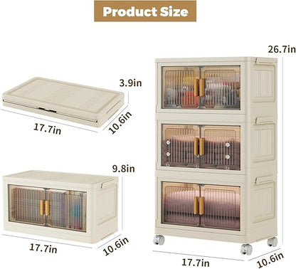 3 Tier Stackable Plastic Storage Bins with Lids 28QT, Collapsible Closet Organizers and Storage with Wheels for Living Room,Office,Dorm