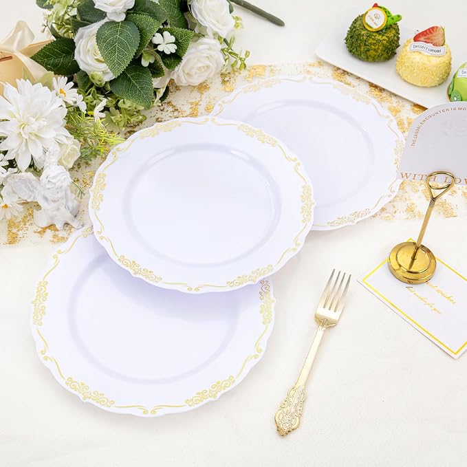 DaYammi 60PCS White and Gold Plastic Plates