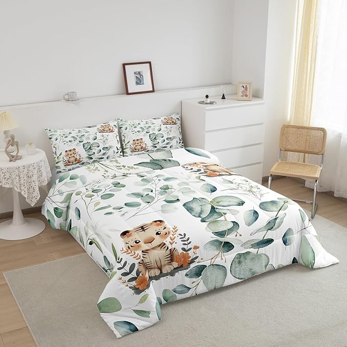 Erosebridal Kids Cute Animal Bedding King Size for Girls Boys Cartoon Tiger Comforter Set King, Spring Eucalyptus Duvet Insert Leaves Quilt Set, Kawaii Jungle Animal Bedding Comforters & Sets