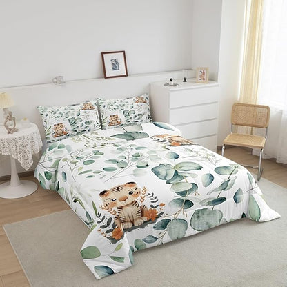 Erosebridal Kids Cute Animal Bedding King Size for Girls Boys Cartoon Tiger Comforter Set King, Spring Eucalyptus Duvet Insert Leaves Quilt Set, Kawaii Jungle Animal Bedding Comforters & Sets