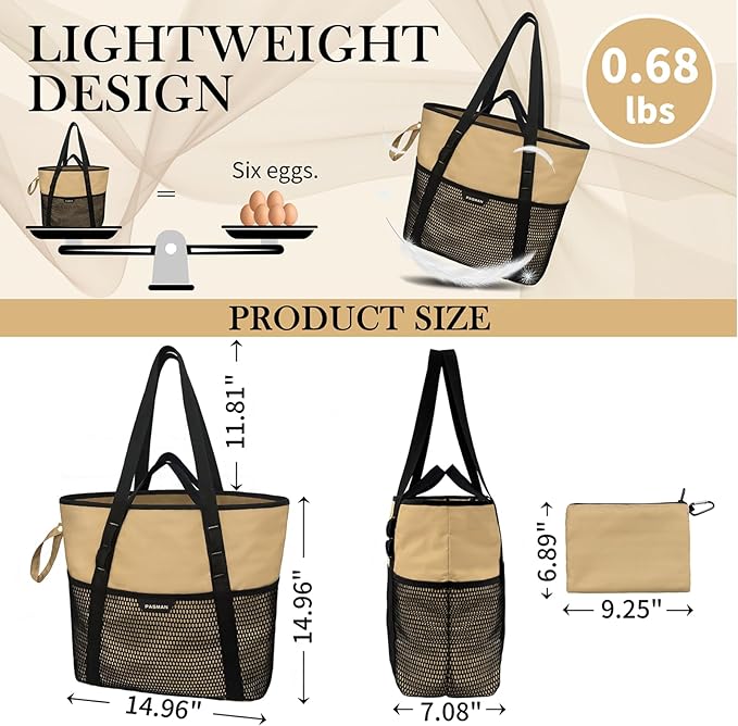 Beach Bag with Zipper - 8 Pockets Sandproof Beach Tote Bag for Women,Foldable Lightweight Family Swim Bag Vacation