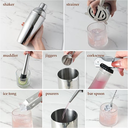 Cocktail Shaker Set Bartender Kit with Stand | 23-Piece Bar Set Drink Mixer Set with All Essential Bar Tools: Martini Shaker, Jigger, Strainer, Spoon, Muddler, Pourers, for Home, Bar, Party