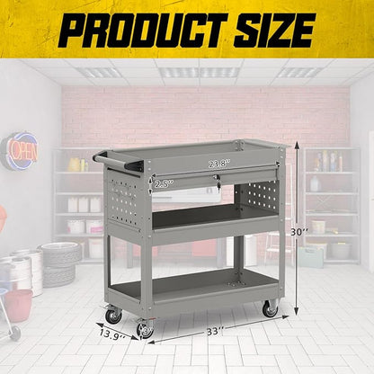 3 Tier Rolling Tool Cart with Drawers, 450 LBS Capacity Tool Cart on Wheels, Heavy Duty Rolling Utility Cart with Drawers, Rolling Utility Carts for Garage, Warehouse and Repair Shop,Gray