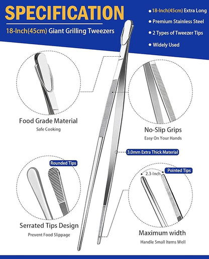 JETKONG 18 Inch (45cm) Extra Long Barbecue Tongs, Heavy Duty Giant Tweezer Tongs for Grilling and BBQ, Set of 2 (Point Tips)