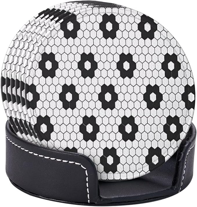 6 Pcs Black White Flower Hex Tile Print Floor Leather Coasters