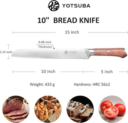 YOTSUBA 10" Bread Knife, Serrated Knife for Homemade, High Carbon Stainless Steel Serrated Bread Knives with Ergonomic Wood Handle, Professional Bread Cutting Knives for Homemade Bread with Gift Box