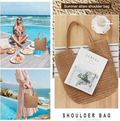 Straw Beach Bags for Women Woven Beach Tote Bag Casual Boho Large Shoulder Handbags Purse for Vacation Holiday