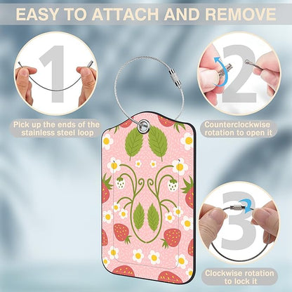 2 Pack Luggage Tags for Suitcases Strawberry and Flowers Leather Luggage Tags Privacy Cover ID Label with Stainless Steel Loop and Address Card for Women Men Travel Bag Backpack
