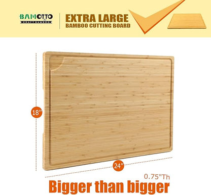 Extra Large 100% Organic Bamboo Cutting Board, 24x18 Inch Butcher Block Chopping/Carving Board with Handle and Juice Groove for Turkey, Meat, Vegetables, BBQ (XXL, 24" x 18"）