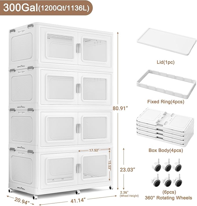 BROVIEW 1200 Qt Stackable Storage Bin with Lid, 300Gal Extra Large Collapsible Storage Boxes, Folding Plastic Drawer, Heavy-Duty Store Cabinet, Closet Organizer for Home Kitchen, 4 Pack White