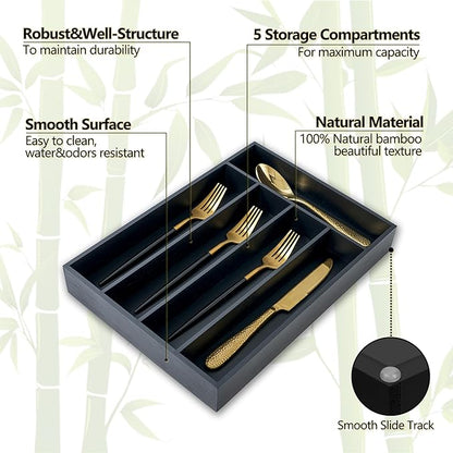 Silverware Organizer, 10 Inch Utensil Organizer Kitchen Drawer Organizer Bamboo Silverware Holder Cutlery Tray Organizer in Drawer Flatware Organizer Tray(5 slots, Black）