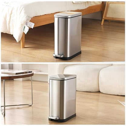 Bathroom Trash Can with Soft-Close Lid 3.5 Gallon Stainless Steel Garbage Can with Removable Inner Bucket Slim Trash Bins for Bedroom, Office (Silver)