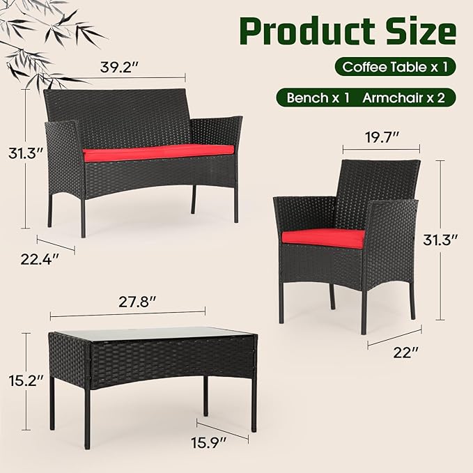 FDW | 4-Piece Patio Furniture Set | Red | Outdoor Wicker Furniture