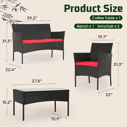 FDW | 4-Piece Patio Furniture Set | Red | Outdoor Wicker Furniture