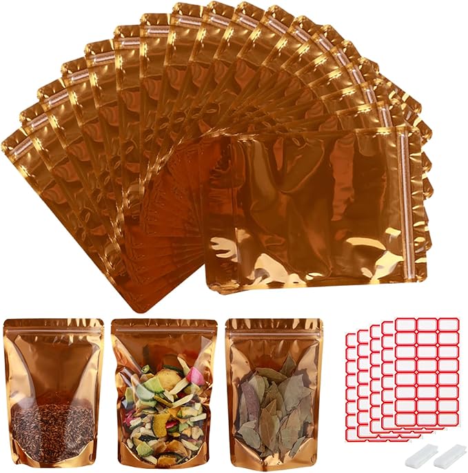 150-pack 4.7” x 7.9” Stand Up Mylar Bags with Clear Window Resealable Foil Pouches for Food Storage Smell Proof Edible Packaging Bag for Jewelry and Small Business, Small plastic bag Bulk, Golden