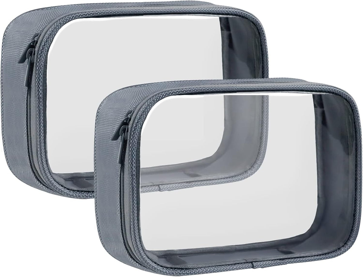 Moyad TSA Approved Clear Toiletry Bag, 2 Pack Quart Size 3-1-1 Liquids Pouch for Travel, Transparent Makeup & Cosmetic Organizer for Women Men, Grey