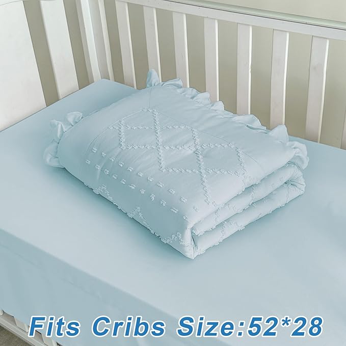 Wowelife Baby Crib Bedding Set for Girls, 3 Piece Boho Crib Comforter Set Ruffle, Baby Boy Crib Bedding Set Nursery Blanket Set Neutral Include Quilted Comforter, Crib Skirt and Sheet, Blue