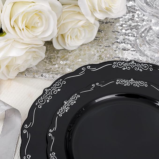 DaYammi 60PCS Black and Silver Plastic Plates, Heavy Duty Black and Silver