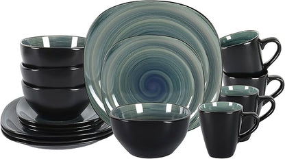 Stoneware Square 16pc Dinnerware Set, Inside Spinwaseh Swirl Blue + Outside Black