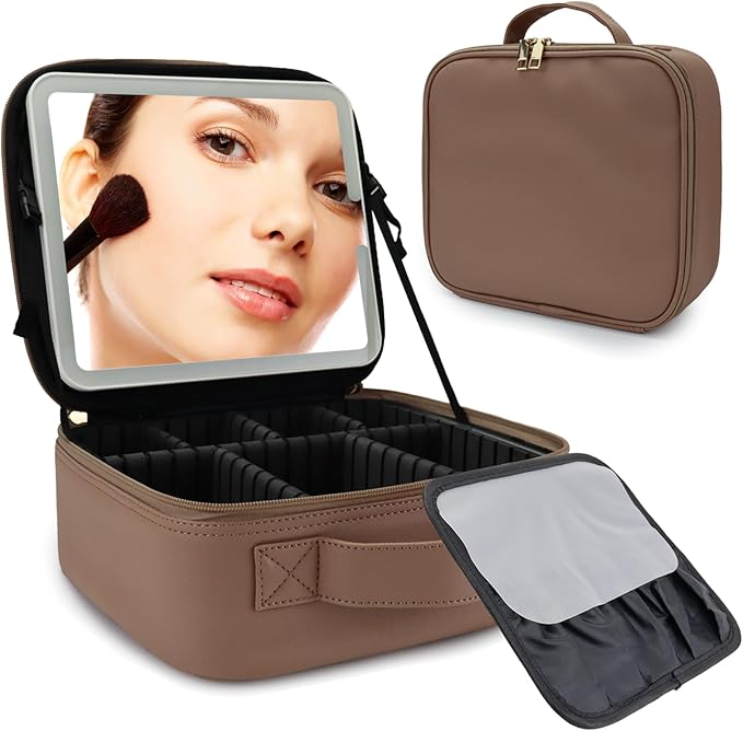 Travel Makeup Bag with LED Mirror Travel Makeup Organizer with 3 Lighted Settings, Adjustable Dividers and Makeup Brush Storage Bag Mocha
