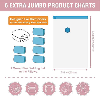 6 Pack XXL Jumbo Vacuum Storage Bags, Extra Large Vacuum Seal Bags for Comforters, Bedding, Blanket Storage, Giant Space Saver Bags for Huge Stuffed Toy (47.2x35 in)