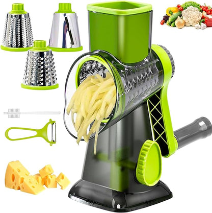 Cheese Grater with Handle, Multifunctional Manual Rotary Cheese Grater - Cheese Shredder Easily Chop Carrots, Potatoes, Vegetables and Fruits and Easy to Clean(Grey green)