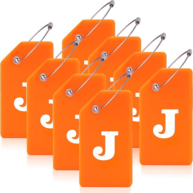 8 Pcs Luggage Tags for Suitcases, 26 Initial Letter Travel Luggage Baggage Identification Labels ID Tags Fully Bendable Tags with Stainless Steel Loop (Letter J, Orange)