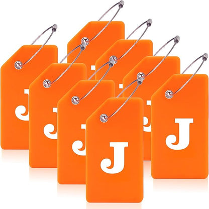 8 Pcs Luggage Tags for Suitcases, 26 Initial Letter Travel Luggage Baggage Identification Labels ID Tags Fully Bendable Tags with Stainless Steel Loop (Letter J, Orange)