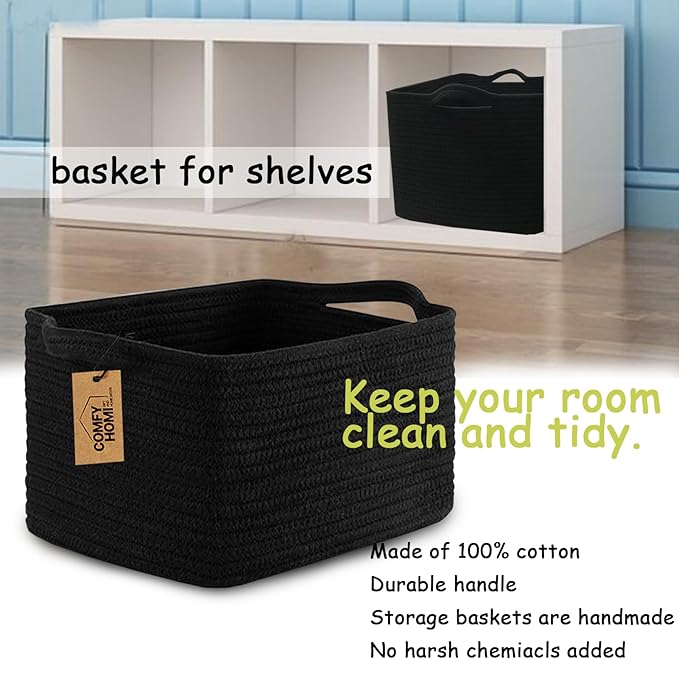 COMFY-HOMI 3PACK Cotton Rope Woven Basket With Handles for Shelves, Toy, Book, Cloth Storage Basket for Organizing|13.5" x 11" x 9.5" Decorative Nursery Cube Bin for Living Room（all Black）
