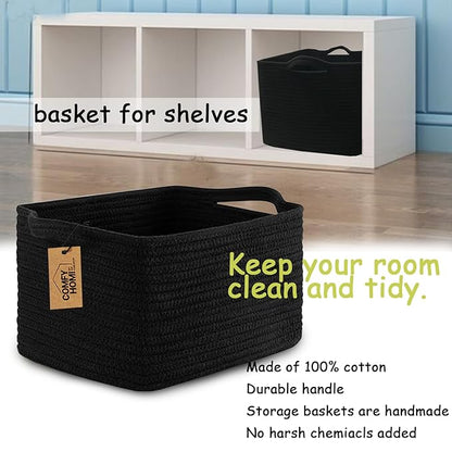 COMFY-HOMI 3PACK Cotton Rope Woven Basket With Handles for Shelves, Toy, Book, Cloth Storage Basket for Organizing|13.5" x 11" x 9.5" Decorative Nursery Cube Bin for Living Room（all Black）