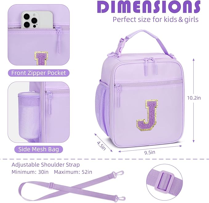 Initial Insulated Lunch Bag for Girls Kids, Back to School Gift, Reusable Leak-proof Lunch Box with Adjustable Strap for School Daycare Travel Picnic (Purple,J)