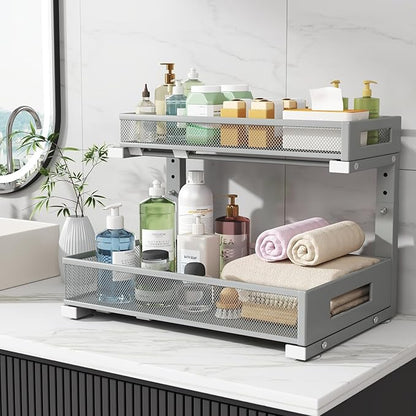 1 Pack 17IN Depth Under Sink Storage Organizer, Large 2-Tier Elegant Mesh Pull Out Shelf for Kitchen and Bathroom Cabinet Organization, L-Shaped and Adjustable Height Design-Gun Gray