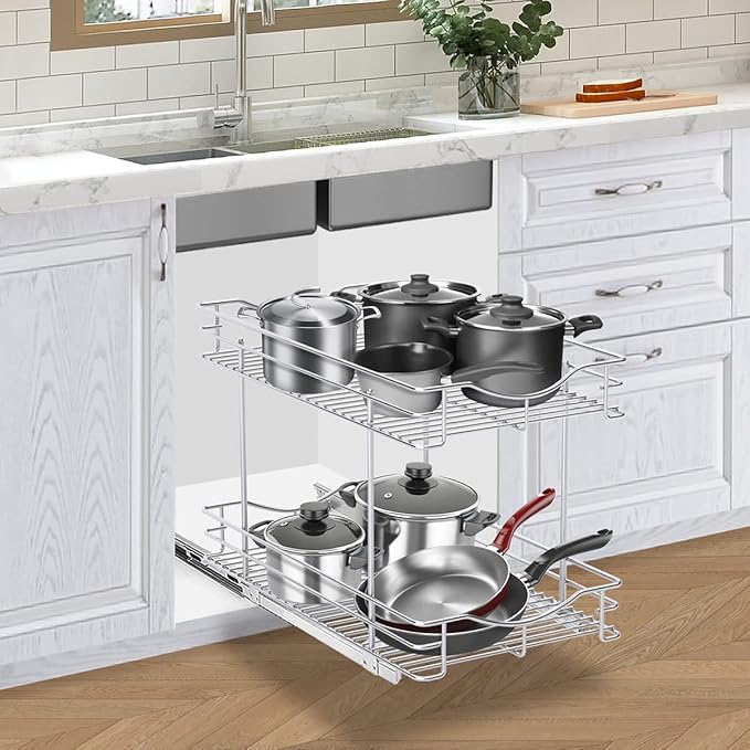 Fulgente Chrome Finish Pull Out Drawer Cabinet Organizer, Professional Wire Frame 2 Tier Heavy Duty Slide Out Kitchen Cabinet Storage Shelves, Sliding Drawer for Cabinet 11"W x 21"D