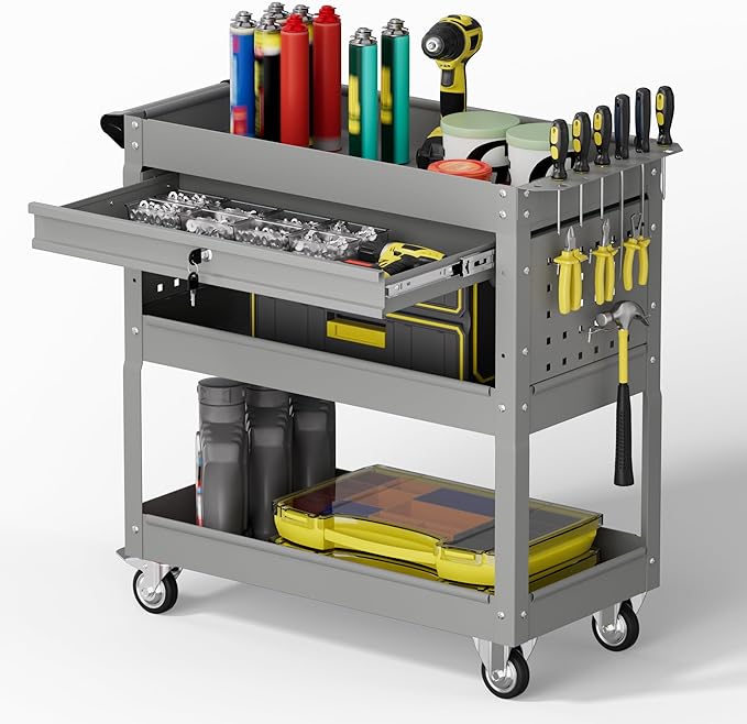 3 Tier Rolling Tool Cart with Drawers, 450 LBS Capacity Tool Cart on Wheels, Heavy Duty Rolling Utility Cart with Drawers, Rolling Utility Carts for Garage, Warehouse and Repair Shop,Gray