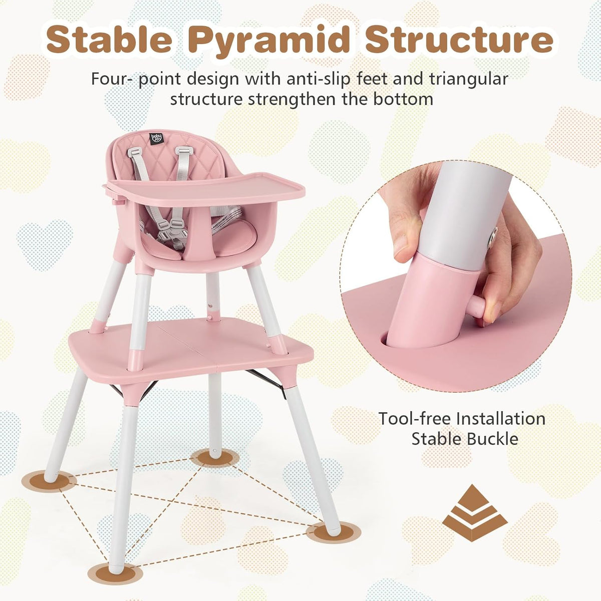 BABY JOY High Chair, 5 in 1 Convertible Highchair for Babies & Toddlers | Booster Seat | Table and Chair Set | Infant Feeding Chair with Removable Tray, Safety Harness, Removable Cushion (Pink)