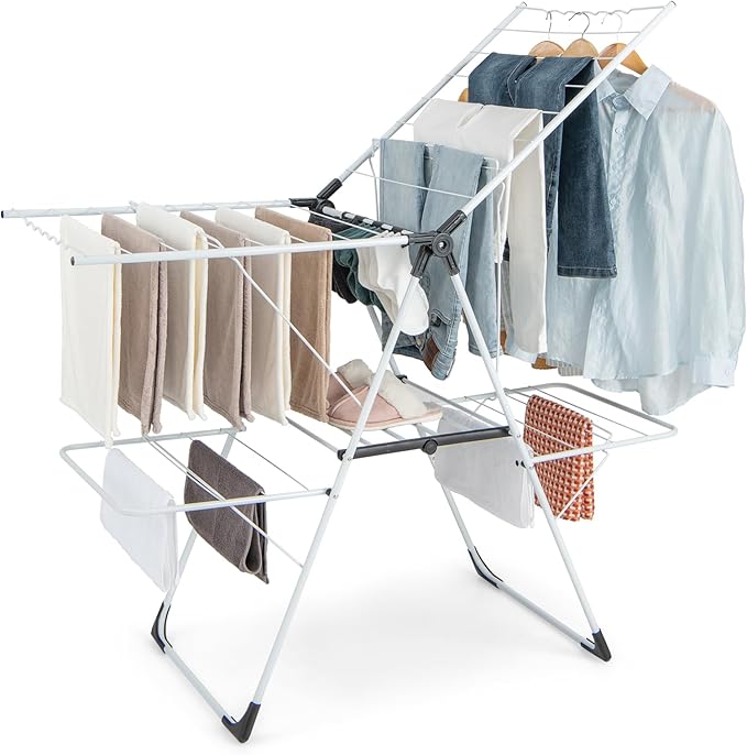 Giantex Clothes Drying Rack, 2-Layer Stainless Steel Foldable Laundry Drying Rack with 6-Level Adjustable Height, Useful Clips, Space Saving Freestanding Folding Collapsible Laundry Drying