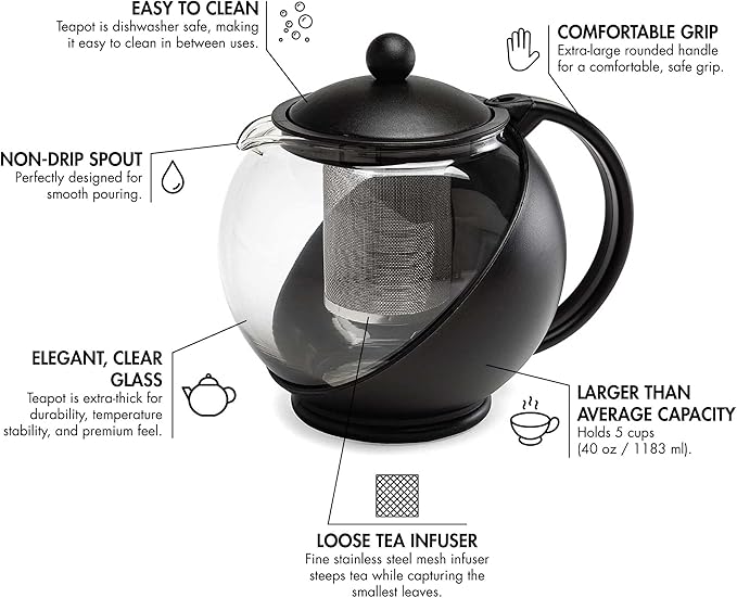 Primula Half Moon Teapot with Removable Infuser, Glass Tea Maker with Reusable Fine Mesh Stainless Steel Filter, Dishwasher Safe, 40-Ounce, Black