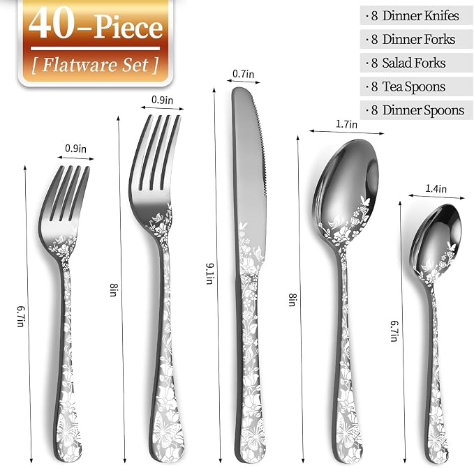 40 Piece Silverware Set, Stainless Steel Flatware Cutlery Set Service