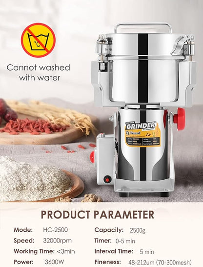 CGOLDENWALL 2500g Electric Grain Grinder Mill Safety Upgraded 3600W High-speed Spice Herb Grinder Commercial Superfine Machine Dry Cereals Pulverizer CE 110V (2500g Swing Type)
