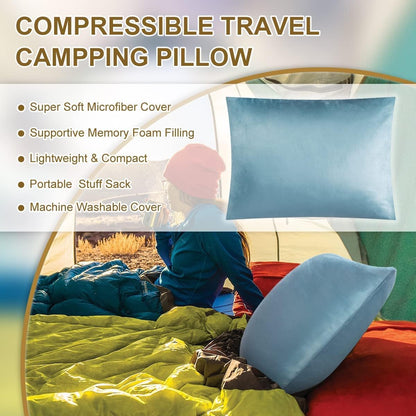 Ivellow Memory Foam Travel Pillow Compressible Camping Pillow for Sleeping Shredded Memory Foam Pillow Compact Firm Supportive Travel Pillow for Adults Kids Outdoor Hiking Essential Gear Blue-S