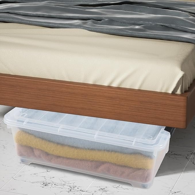 4 Packs 20 Quart Plastic Under Bed Storage Container with Lids and Wheels, Stackable and Nestable Organizer Bins, Flat Storage Box