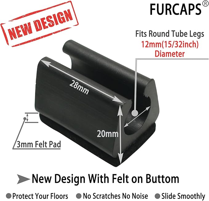 Rectangle U Shaped Chair Leg Tips Cap with Felt Pads,Furniture Feet Protector Slide Smoothly Glides,Protect Hardwood Floor No Scratches No Noise,Fit 12mm(15/32inch) Diameter Tubular Legs (Black 32PCS)