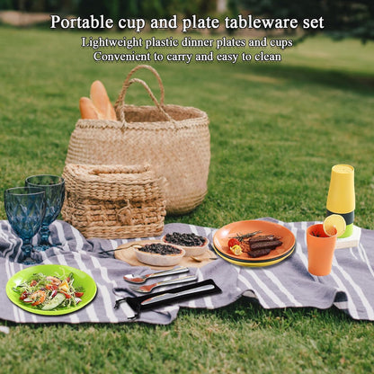 Evanda Camping Cutlery Set, Reusable Light Weight Mug, Plate and Stainless Steel Cutlery Set with Black Bag, Dishwasher Safe