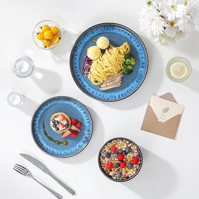 vancasso PLAYA Plates and Bowls Sets, 12 Pieces Blue Dinnerware Sets