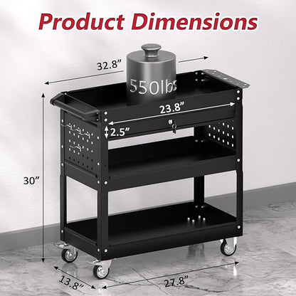 3 Tier Rolling Tool Cart on Wheels, Heavy Duty Service Cart Industrial Utility Cart with Drawer and Screwdriver Rack Pegboard, 550 LBS Mobile Tool Storage Organizer for Garage, Workshop(Black)