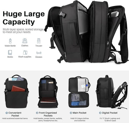 Travel Backpack Carry On Flight Approved, Lightweight Large Travel Backpack, Expandable with USB Charging Hole, Waterproof Causal Bookbag for Travel Work College Fits 17 inch Laptop, Black